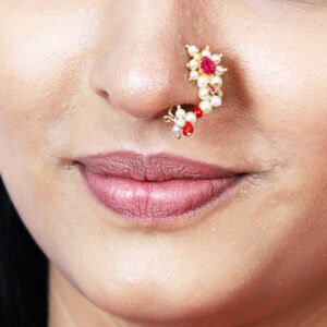 Traditional Maharashtrian 22kt Brahmani Nath in Pearls and Red Stone