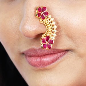 Blossom 22kt Gold Nath in Red Stones & Pearls