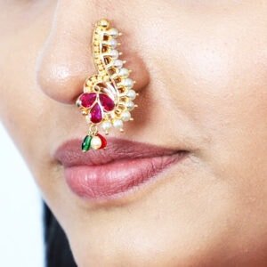 Fancy Floral 22kt Gold Nath in Red Stones & Pearls