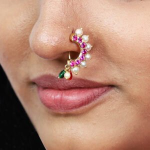 Sunflower Red Stones & Cultured Pearl Nath in 22kt Gold