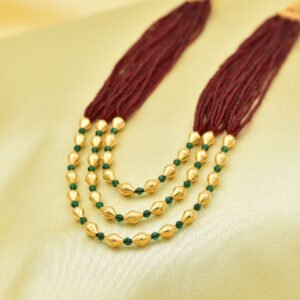 Red Beaded Maal in 22kt Gold and Green stones